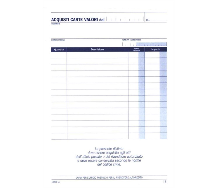 BLOCCO ACQUISTO VALORI BOLLATI 2 COPIE 21X15 CM 50FGX2 INTEMPO